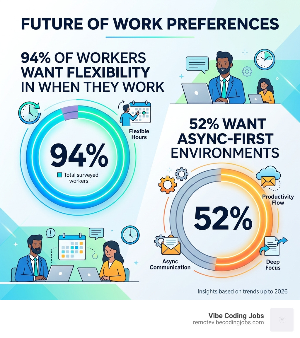 Infographic showing that 94% of workers want flexibility in when they work and 52% want async-first environments