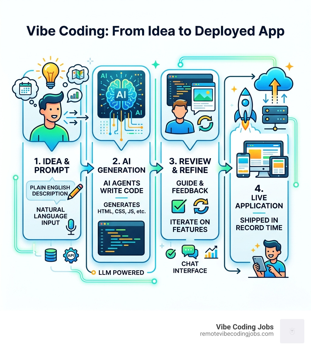 Vibe coding workflow from prompt to deployed app, showing tools, steps, and outcomes - vibe coding course online infographic 