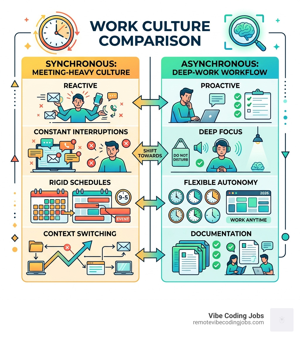 Synchronous meeting-heavy culture vs asynchronous deep-work workflow comparison infographic - async first remote jobs
