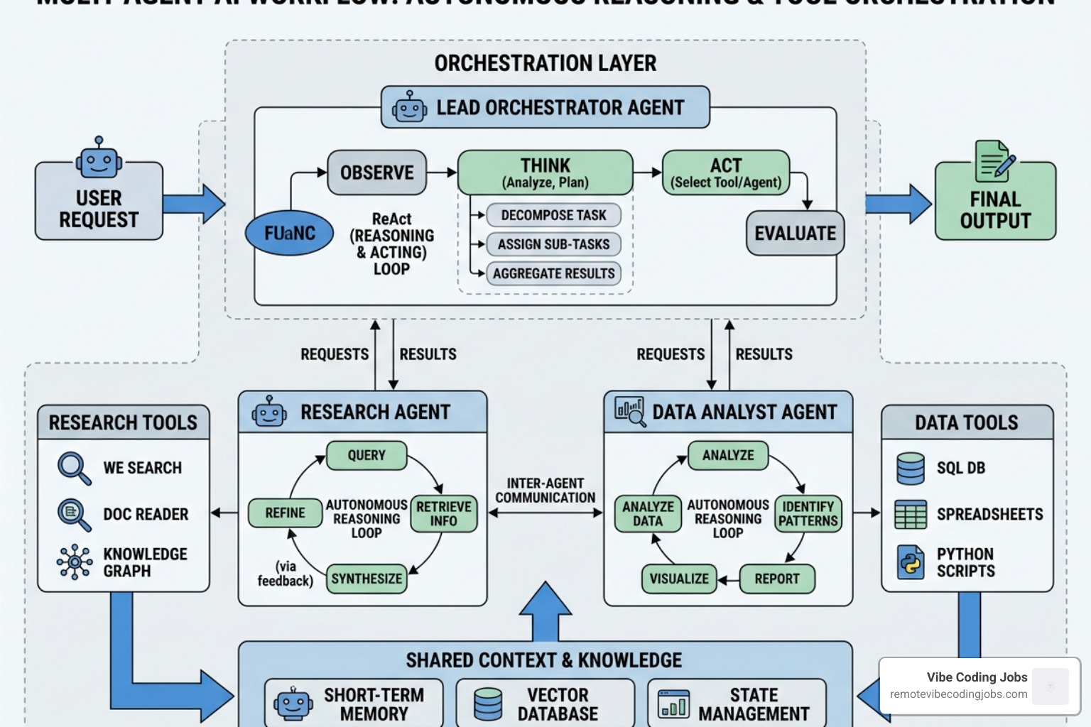 Multi-agent AI workflow diagram showing autonomous reasoning and tool orchestration - daily curated ai jobs