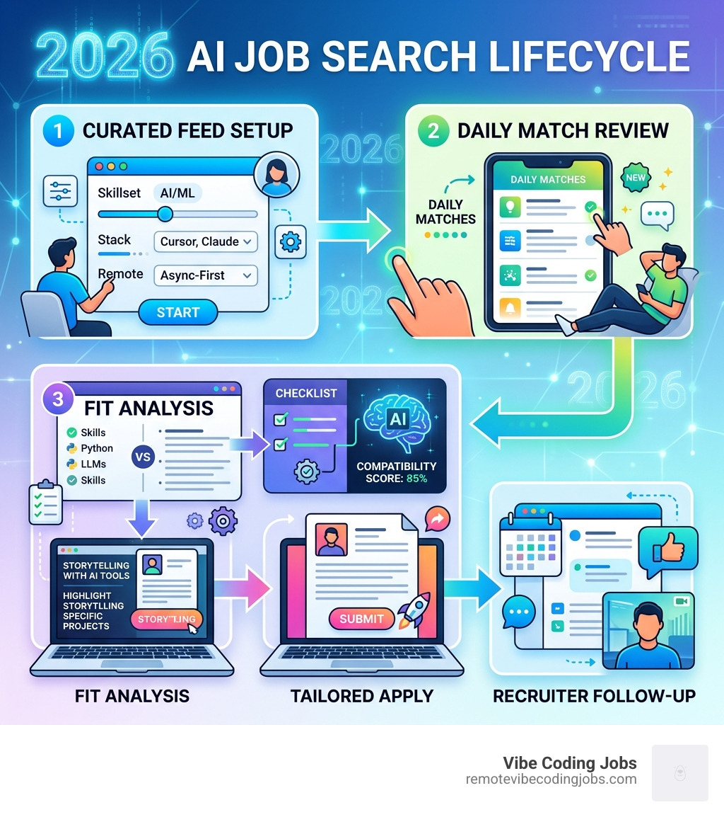 2026 AI job search lifecycle infographic: curated feed setup, daily match review, fit analysis, tailored apply, recruiter