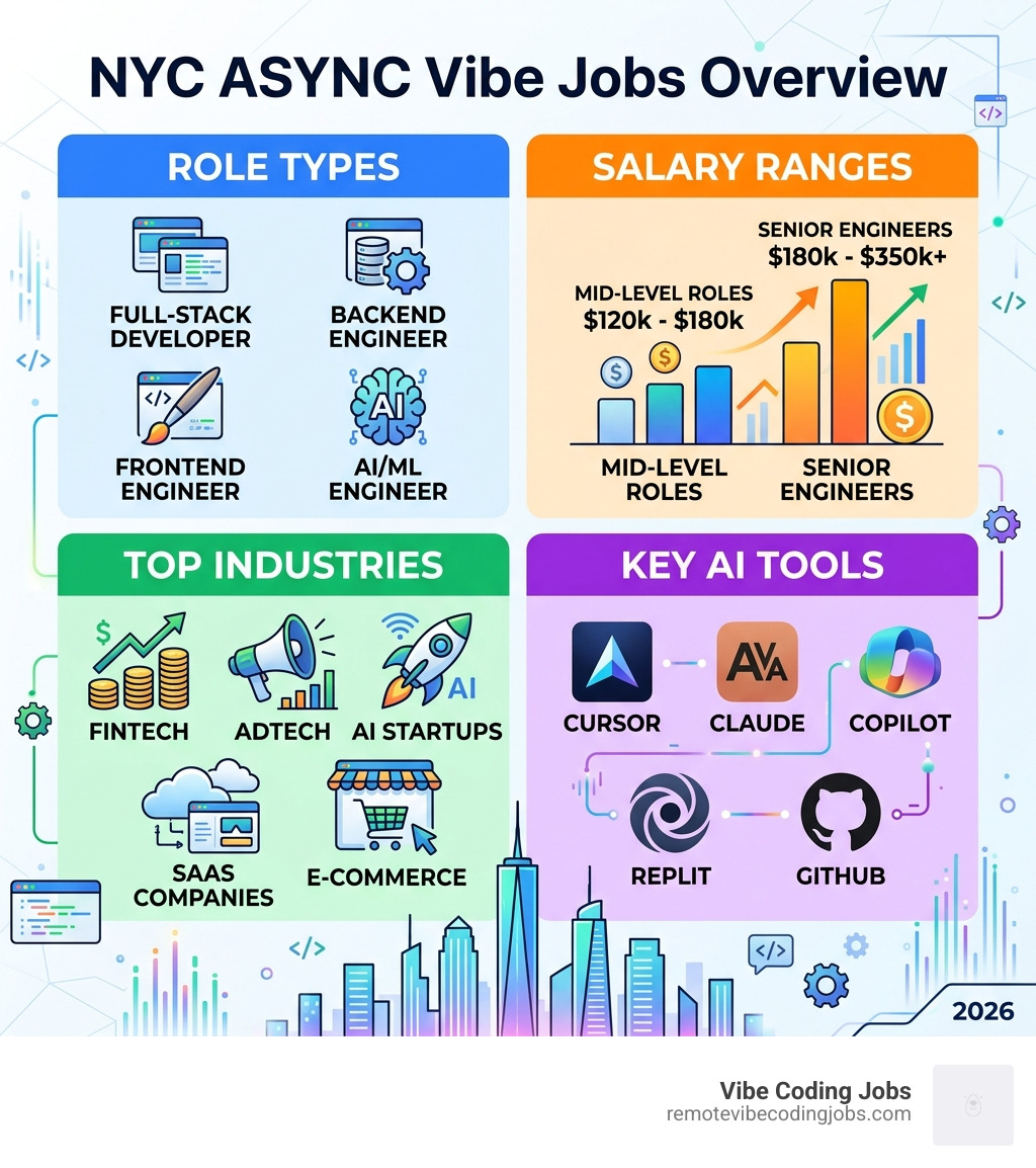 Infographic: NYC async vibe jobs overview — role types, salary ranges, top industries, and key AI tools - nyc async vibe