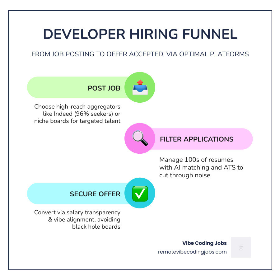 Developer hiring funnel from job posting to offer accepted, showing platform options at each stage - where to post software