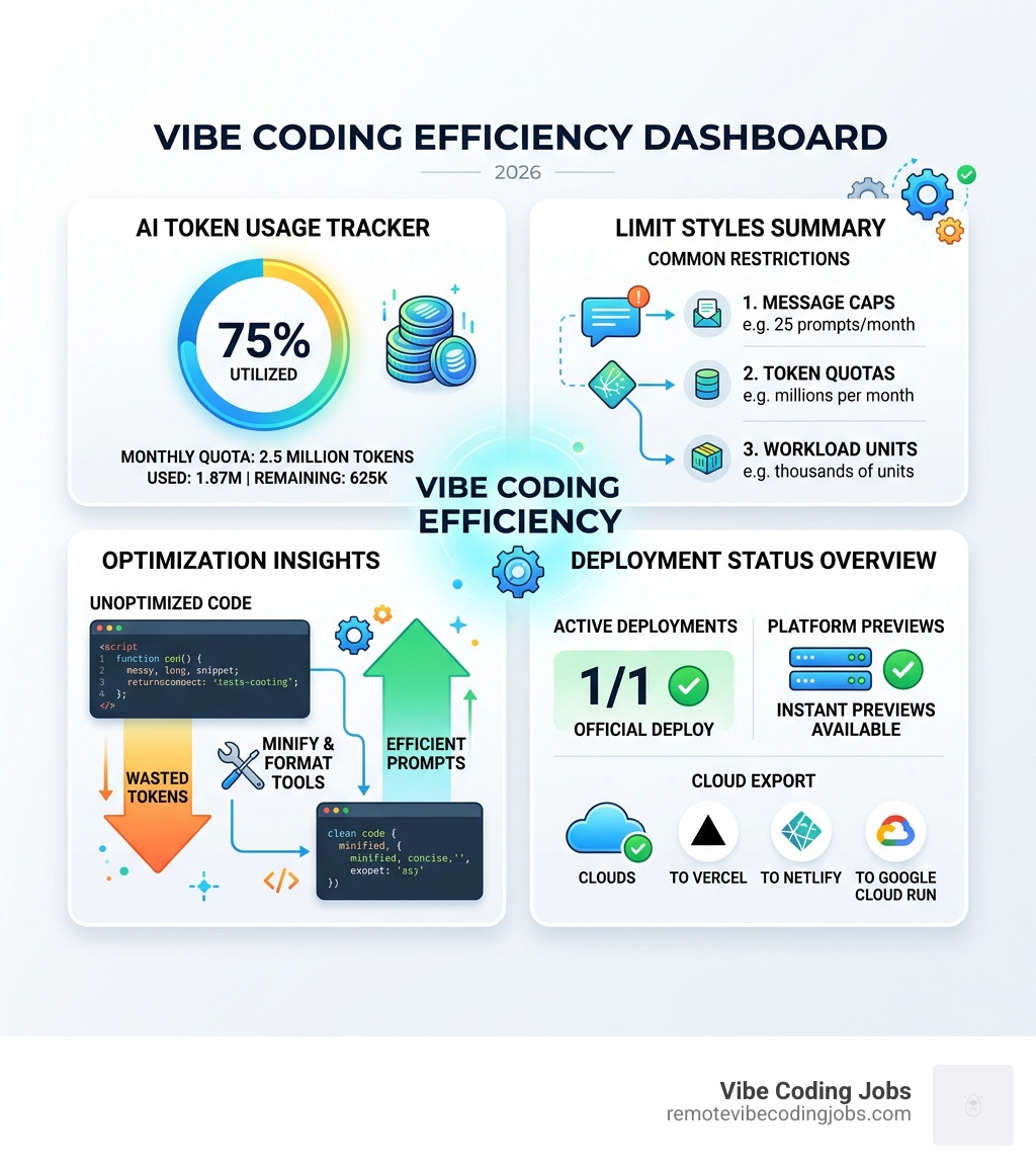 A dashboard showing AI token usage and deployment status - free vibe coding tools infographic 