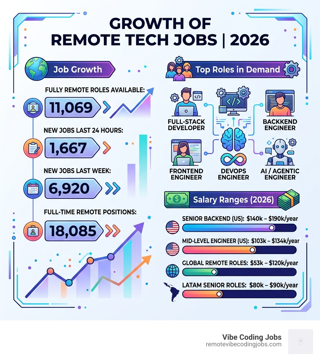 Growth of remote tech jobs infographic showing job counts, salary ranges, and top roles in 2026 - remote development jobs