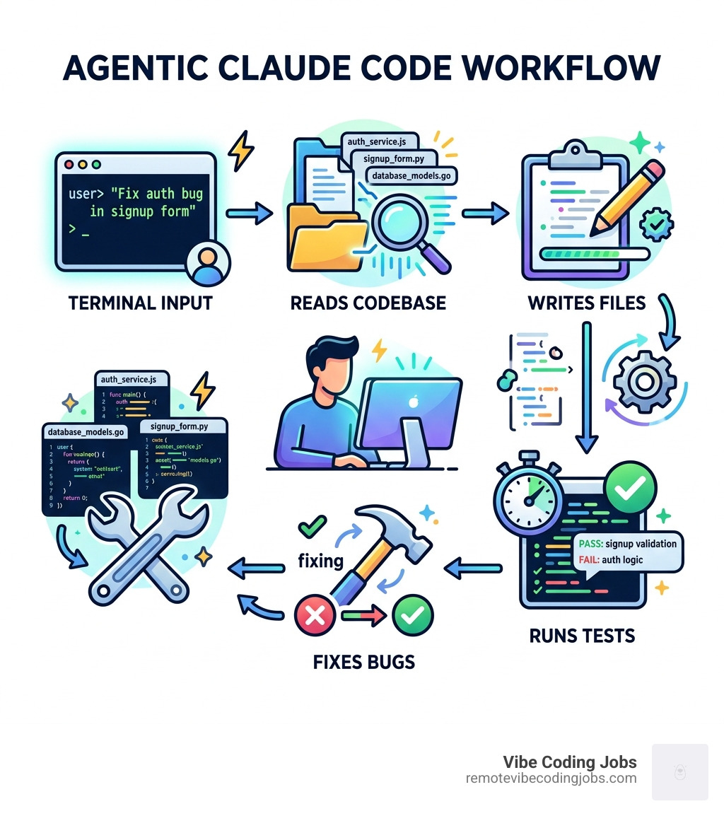 Infographic showing agentic Claude Code workflow: terminal input to codebase reading, file writing, test running, and bug