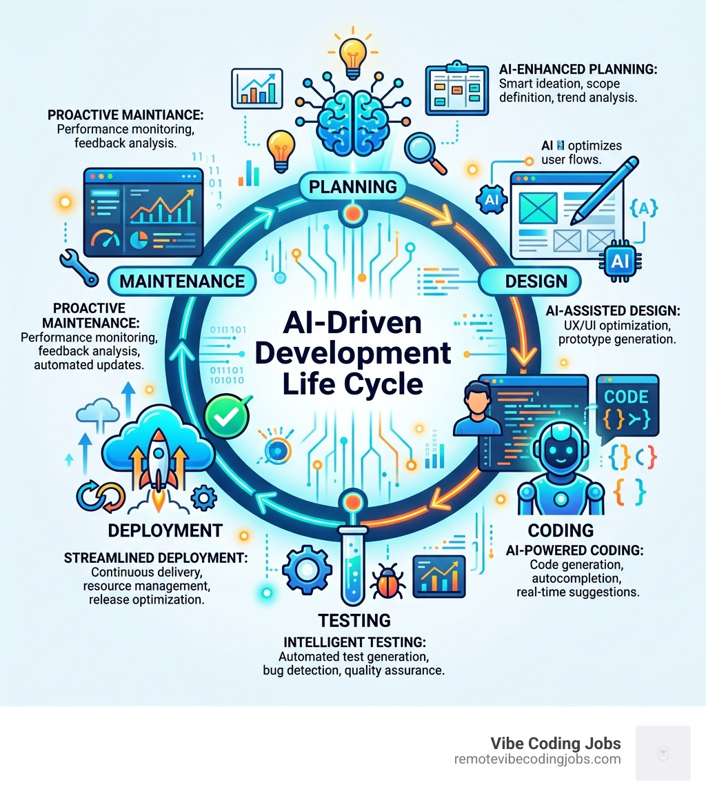 Infographic showing the AI-Driven Development Life Cycle from planning to deployment with AI at each stage - AI powered