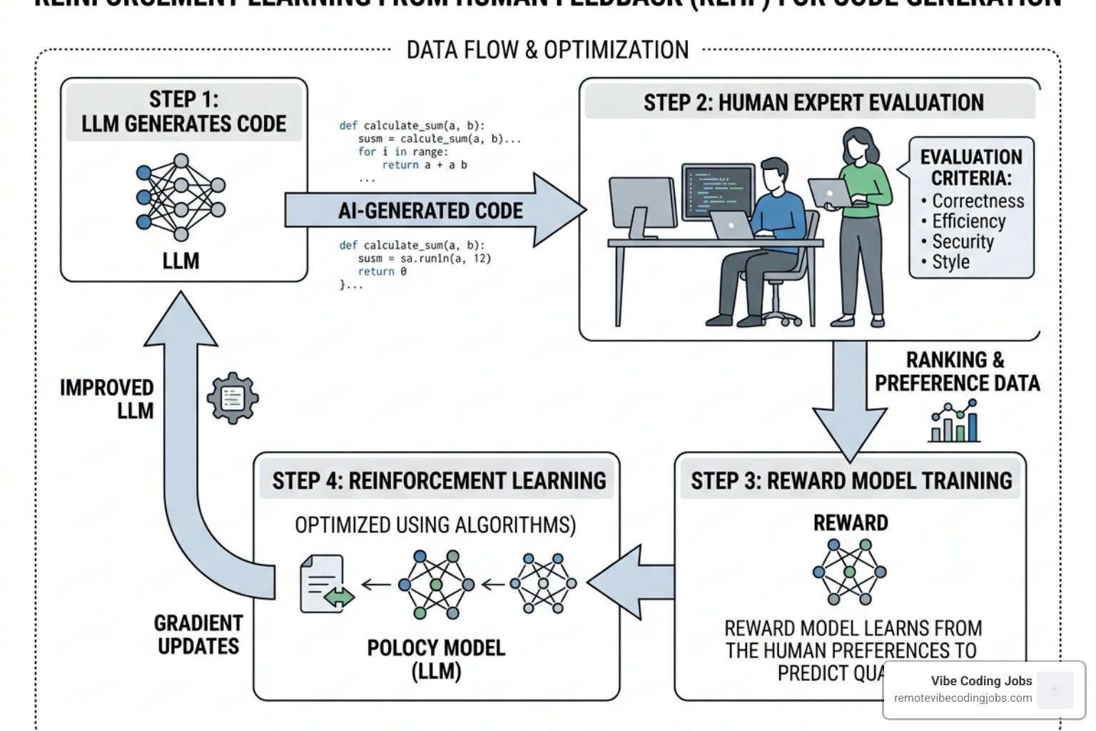 Data flow diagram showing the feedback loop between human coding experts and Large Language Models - remote ai coding