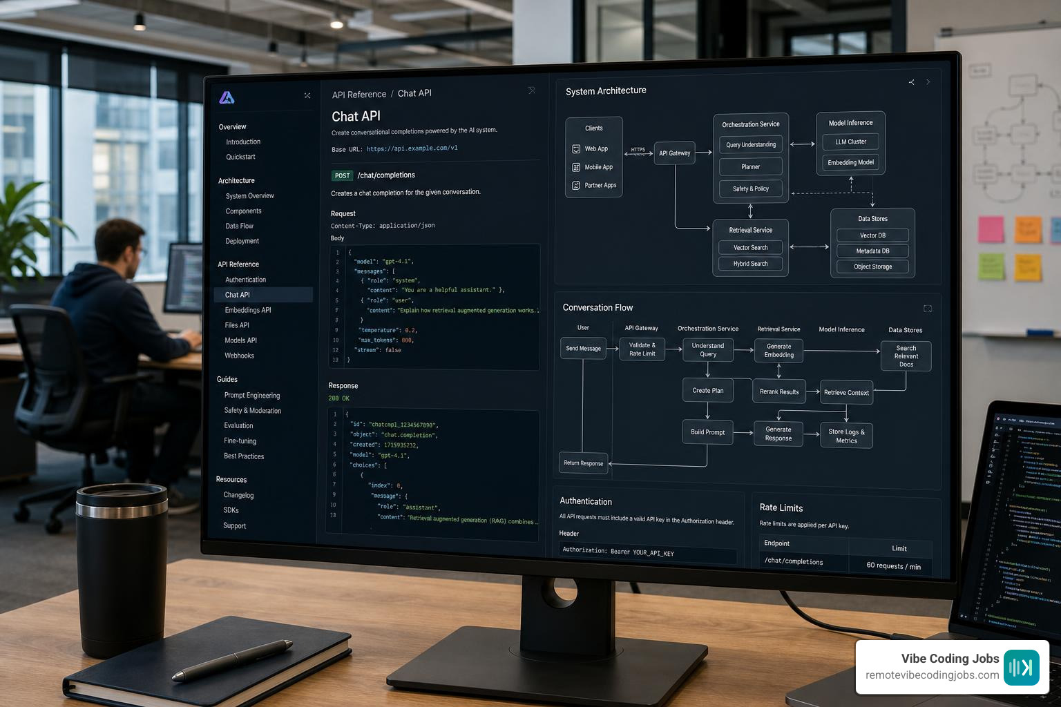 A structured technical documentation portal showing API references and architectural diagrams for an AI system - async ai