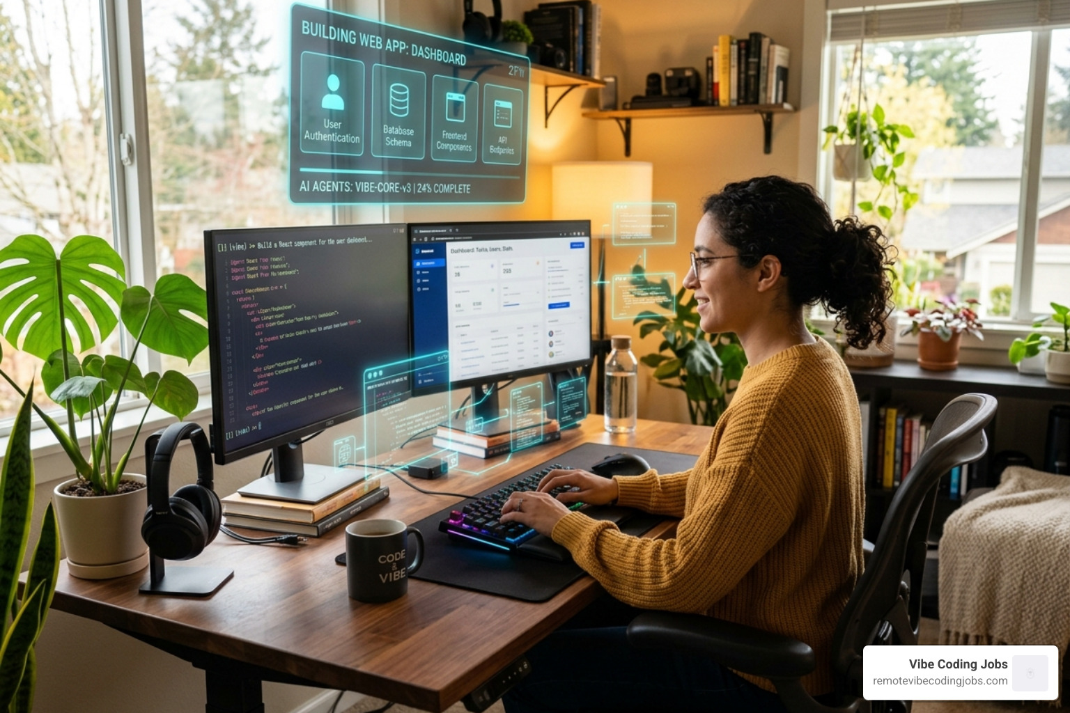 A "Vibe Coder" in a remote home office using natural language prompts to orchestrate several AI agents building a web app