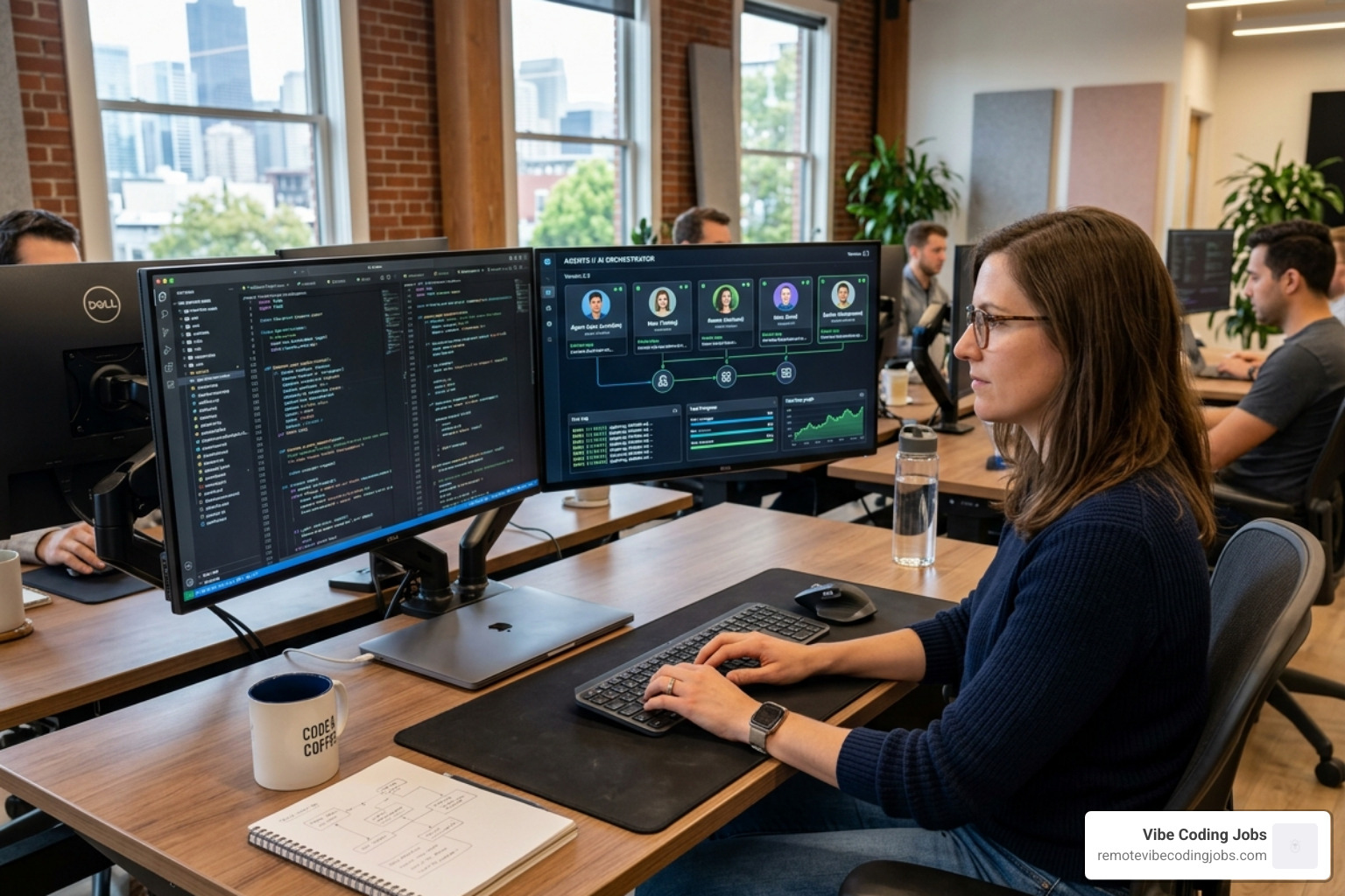 Comparison of traditional coding vs. AI-driven orchestration showing a developer managing multiple AI agents - AI powered