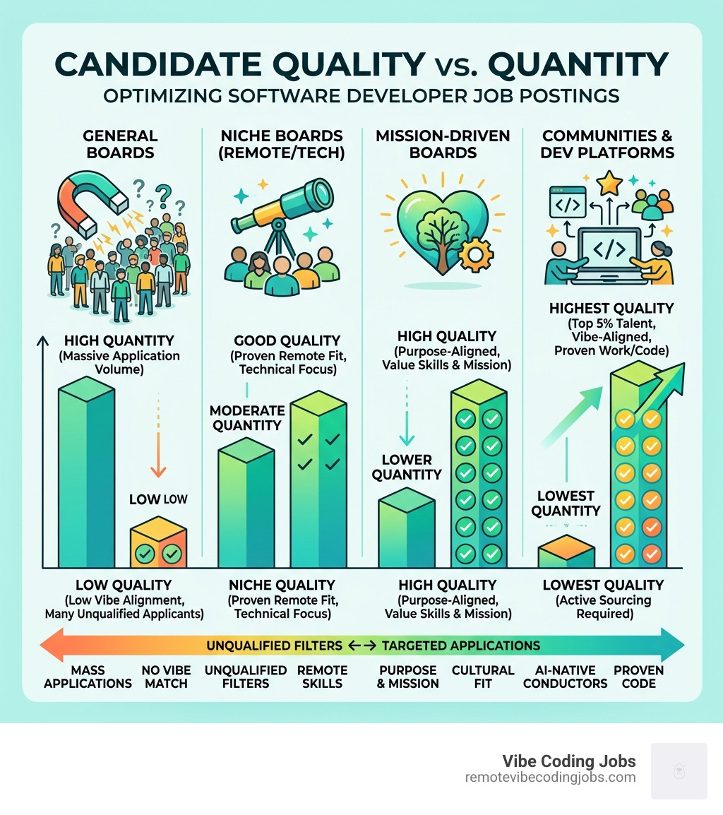 Comparison of candidate quality vs. quantity across different board types - where to post software developer jobs