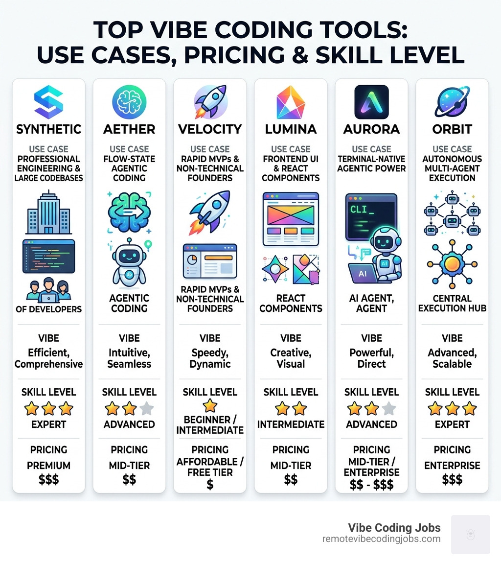 comparison infographic of top vibe coding tools by use case, pricing tier, and skill level - best vibe coding tool