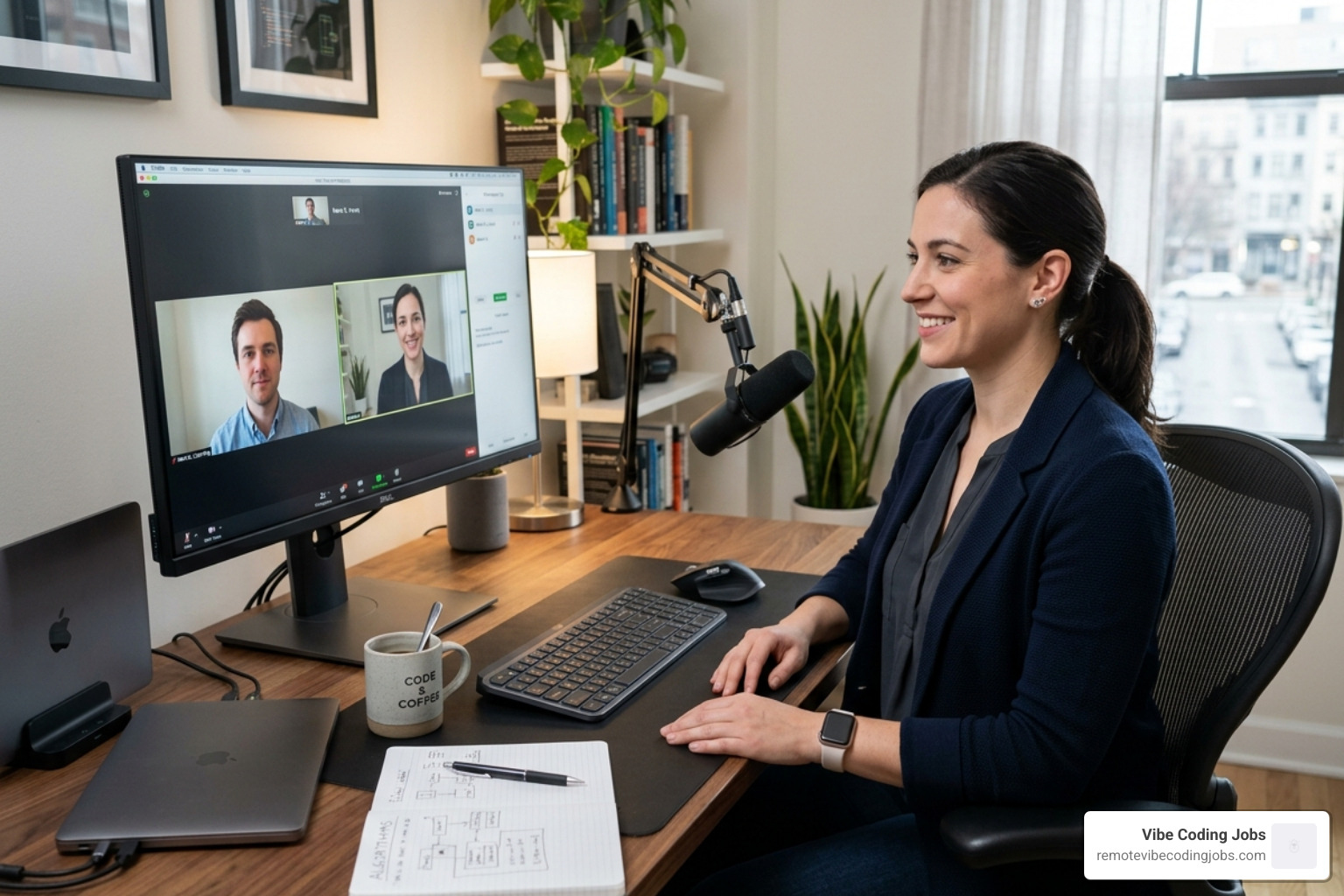 developer participating in a virtual technical interview with a clean background and professional setup - remote development