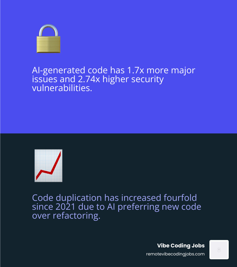 Infographic showing 1.7x increase in logic errors and 4x increase in code duplication - what is vibe programming infographic