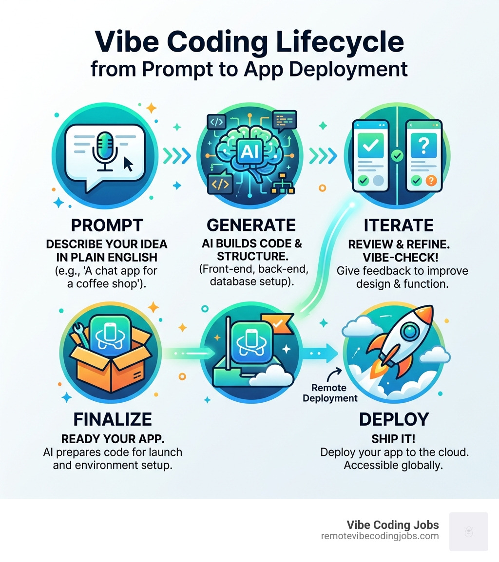 Vibe coding lifecycle from prompt to app deployment infographic - free vibe coding tools infographic 