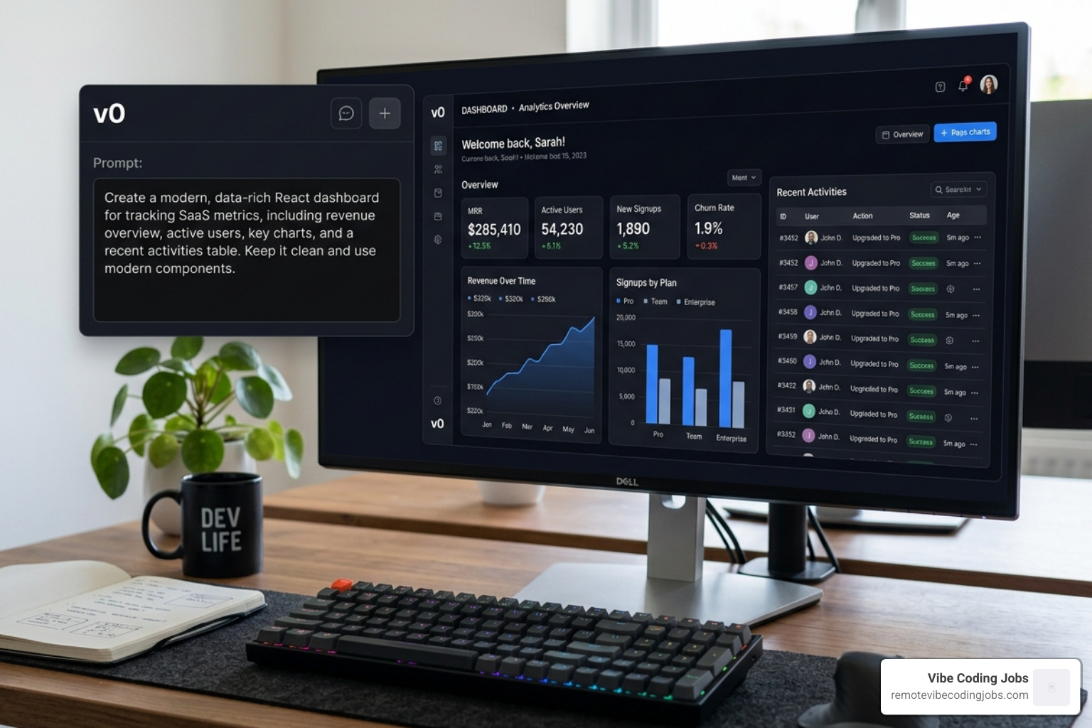 v0 by Vercel generating a complex React dashboard from a simple text prompt - best vibe coding tool