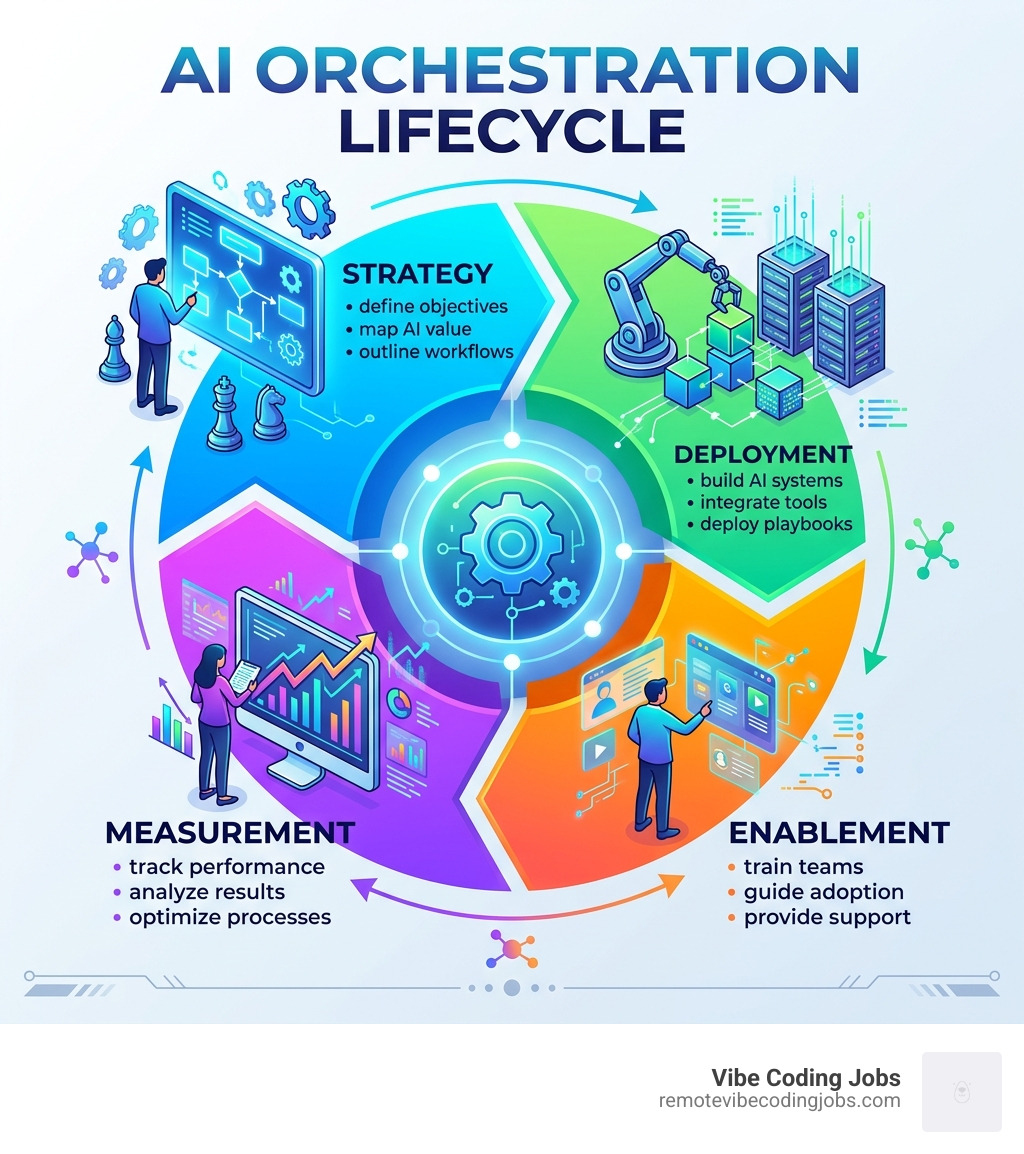 AI Orchestration lifecycle infographic showing strategy, deployment, enablement, and measurement stages - ai playbook remote