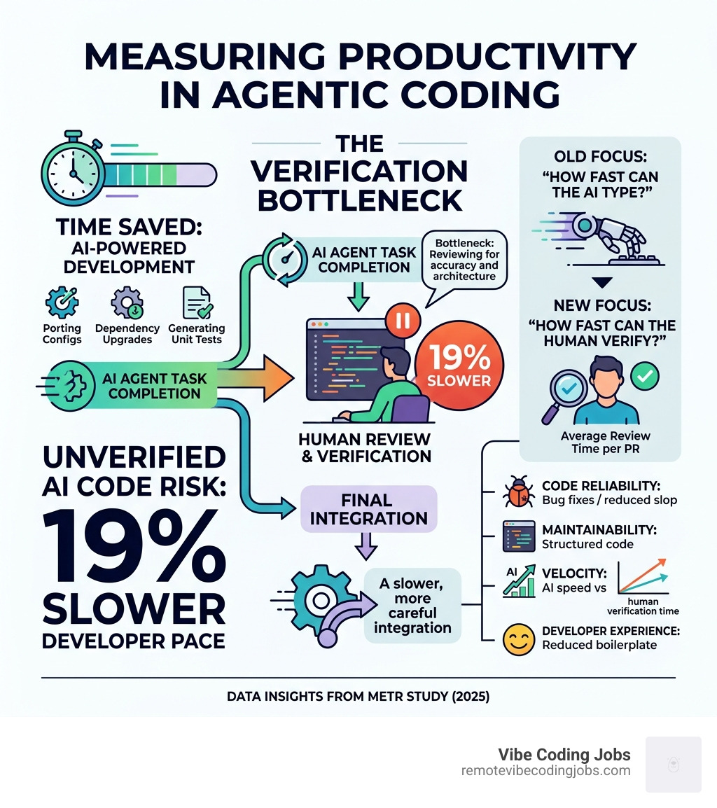 infographic showing productivity metrics and the 19 percent slower risk for unverified AI code - what is agentic coding