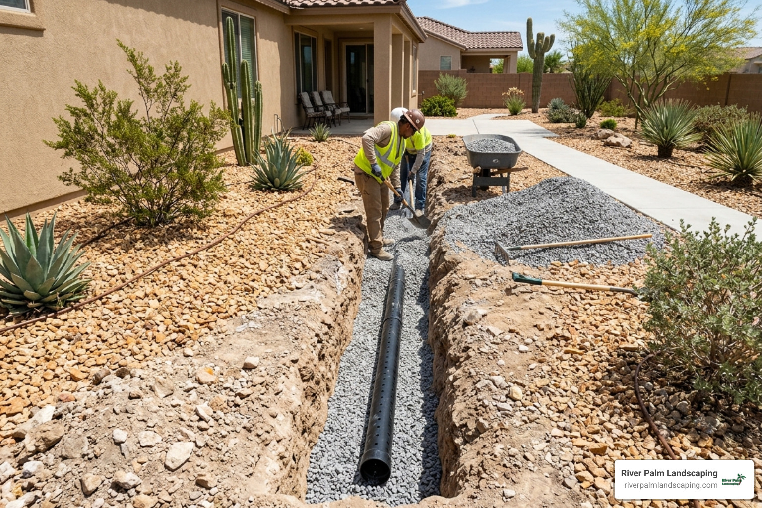 Professional French drain installation in Lake Havasu City showing perforated pipe and gravel backfill - yard drainage Professional French drain installation in Lake Havasu City showing perforated pipe and gravel backfill - yard drainage