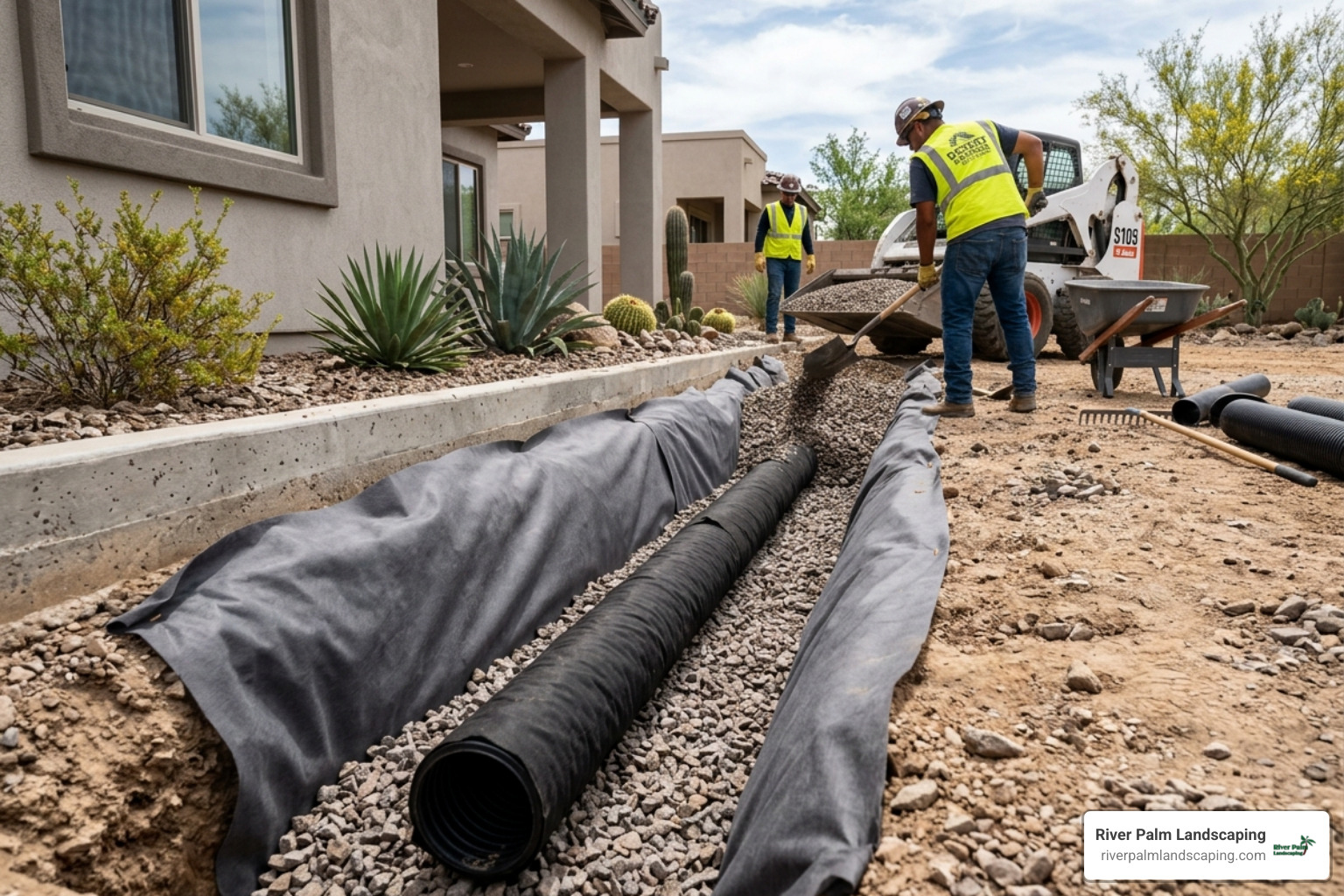 professional drainage trench installation with gravel and perforated pipe - does my yard need a french drain