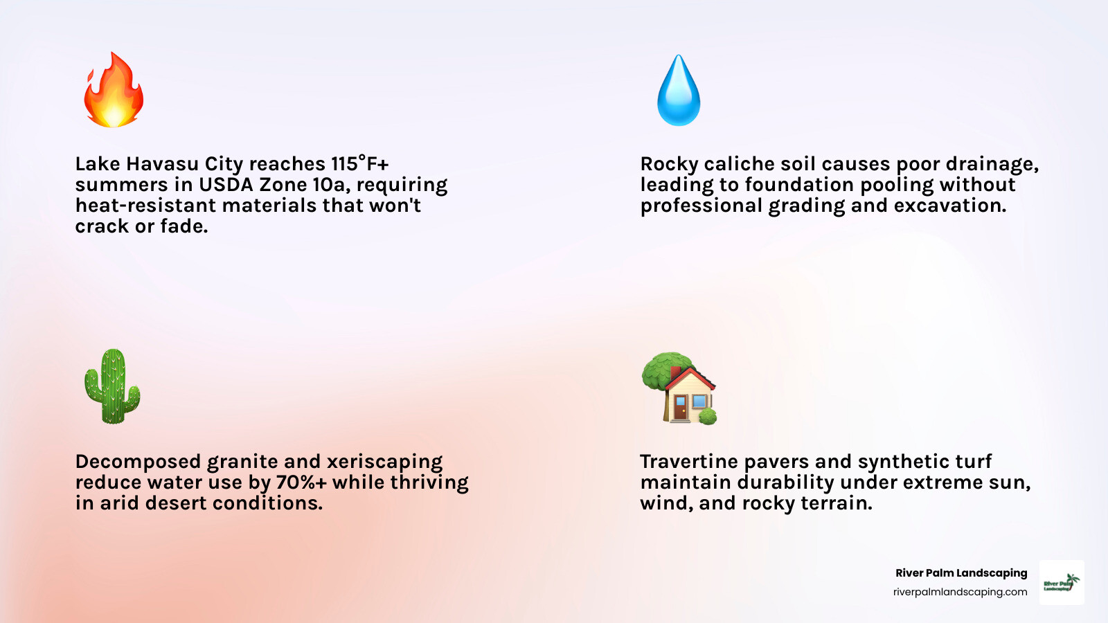 Infographic comparing heat-resistant backyard materials for Lake Havasu: pavers, decomposed granite, synthetic turf