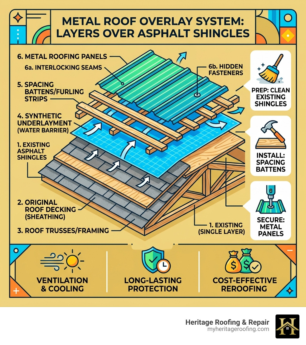 Infographic showing layers of a metal roof overlay system over asphalt shingles with labels - metal roofing over existing