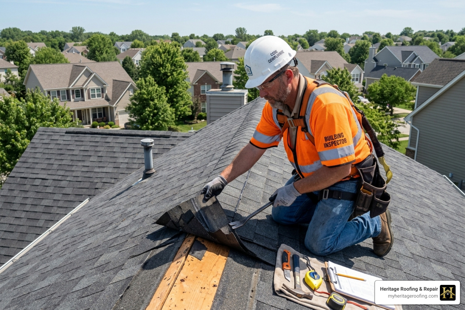 Building inspector checking roof layers for code compliance - metal roofing over existing shingles