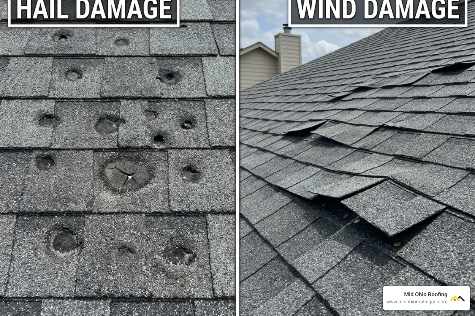 comparing a hail-bruised shingle with a wind-lifted shingle - storm damage roof inspection comparing a hail-bruised shingle with a wind-lifted shingle - storm damage roof inspection