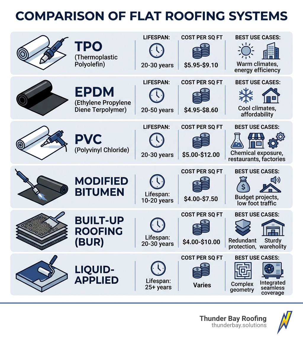 Comparison infographic of flat roof systems showing lifespan, cost per sq ft, and best use cases - roofing systems for flat Comparison infographic of flat roof systems showing lifespan, cost per sq ft, and best use cases - roofing systems for flat