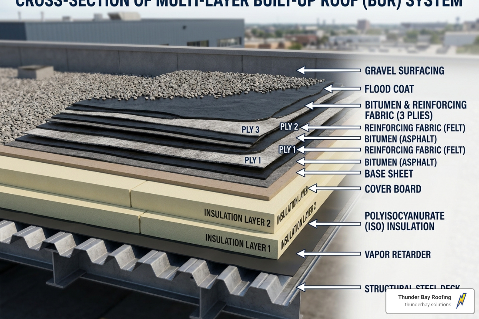 A multi-layer built-up roof showing the deck, insulation, and alternating layers of bitumen - roofing systems for flat roofs A multi-layer built-up roof showing the deck, insulation, and alternating layers of bitumen - roofing systems for flat roofs