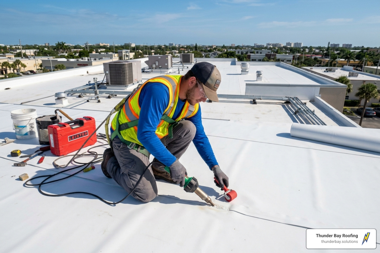 A technician using a heat-welder to fuse TPO seams together for a watertight bond - roofing systems for flat roofs A technician using a heat-welder to fuse TPO seams together for a watertight bond - roofing systems for flat roofs