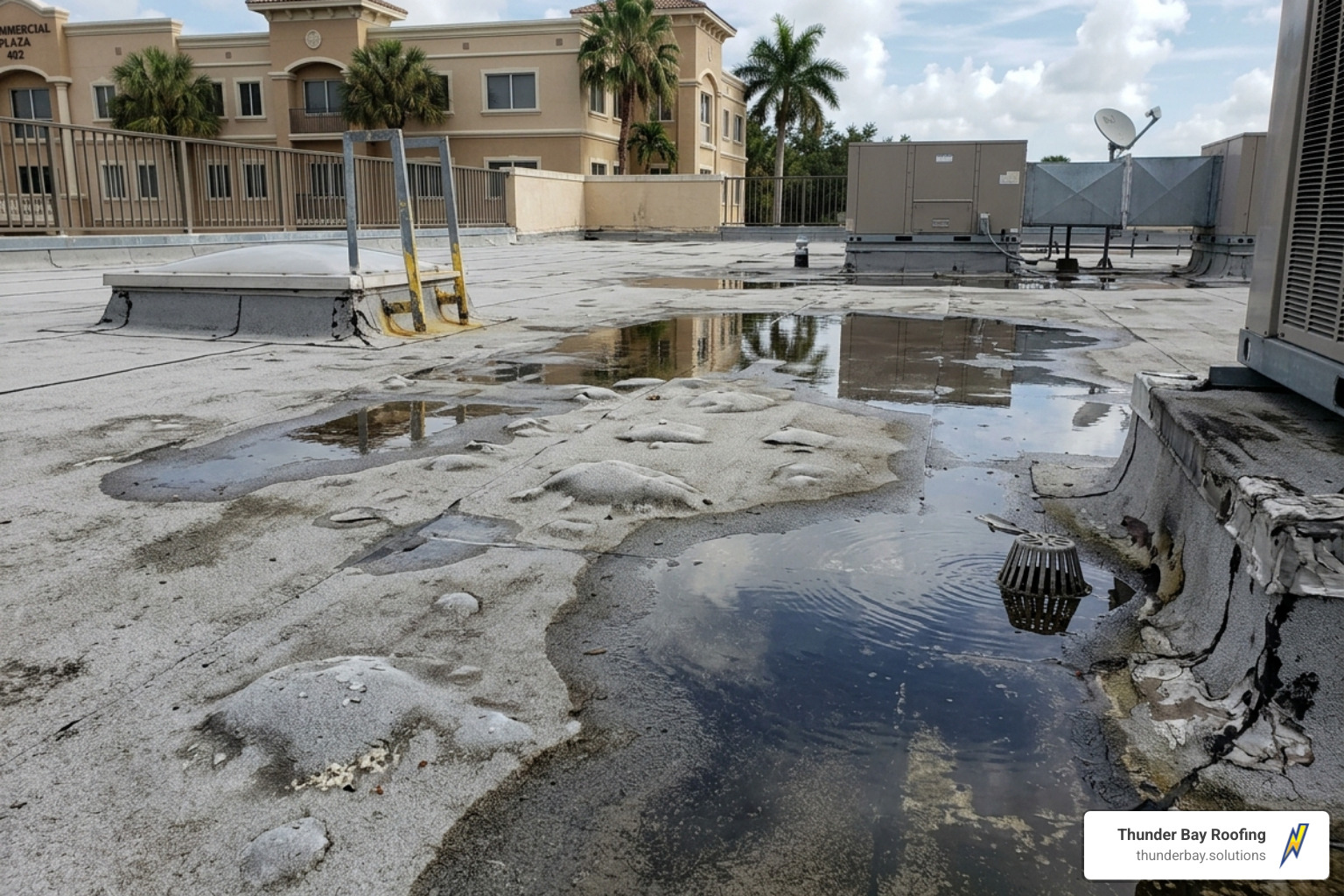 common roof defects like ponding water and blisters - commercial roofing near me