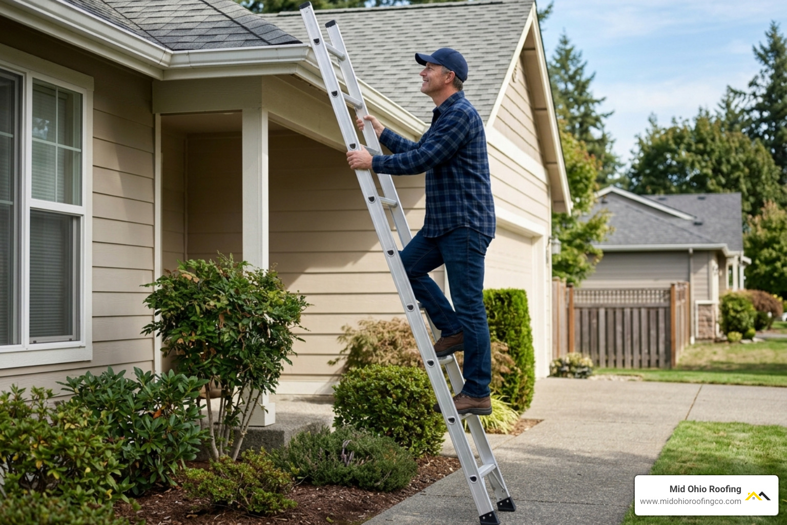 Homeowner safely inspecting a roof from a ladder using the 4:1 rule - asphalt shingle repair Homeowner safely inspecting a roof from a ladder using the 4:1 rule - asphalt shingle repair
