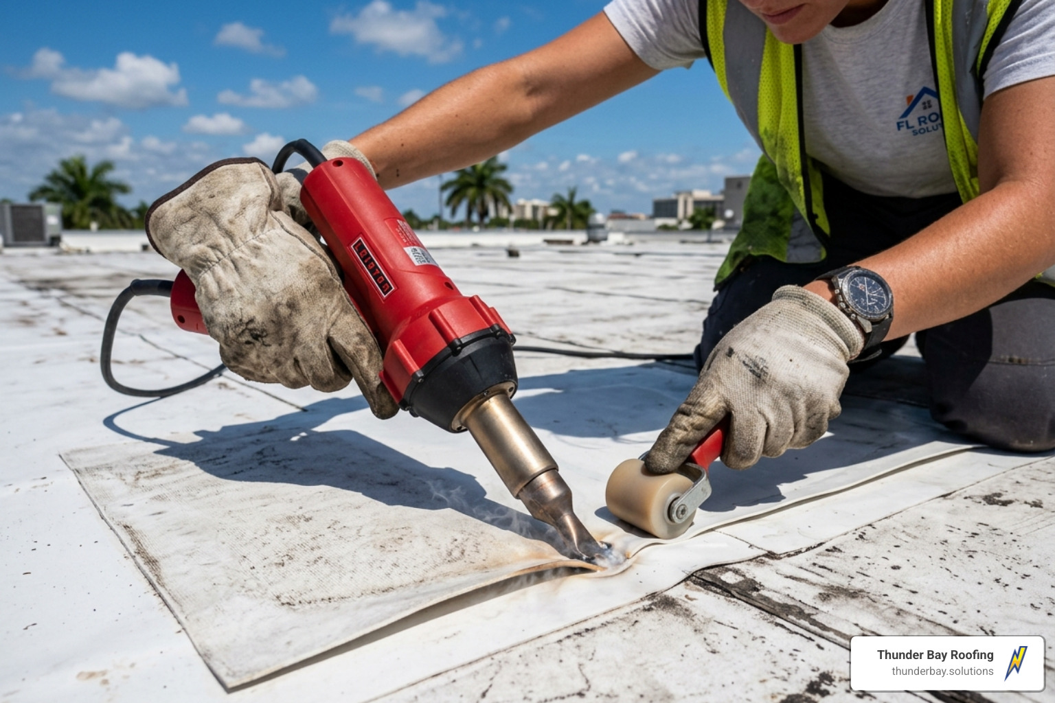 TPO membrane repair being heat-welded - commercial roof leak repair Wesley Chapel