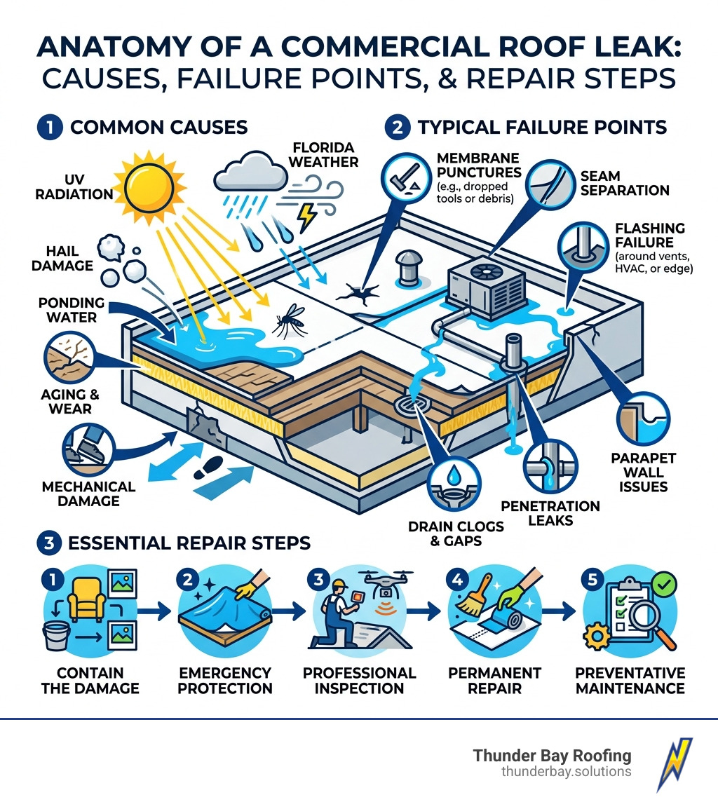 Anatomy of a commercial roof leak — causes, failure points, and repair steps infographic - commercial roof leak repair