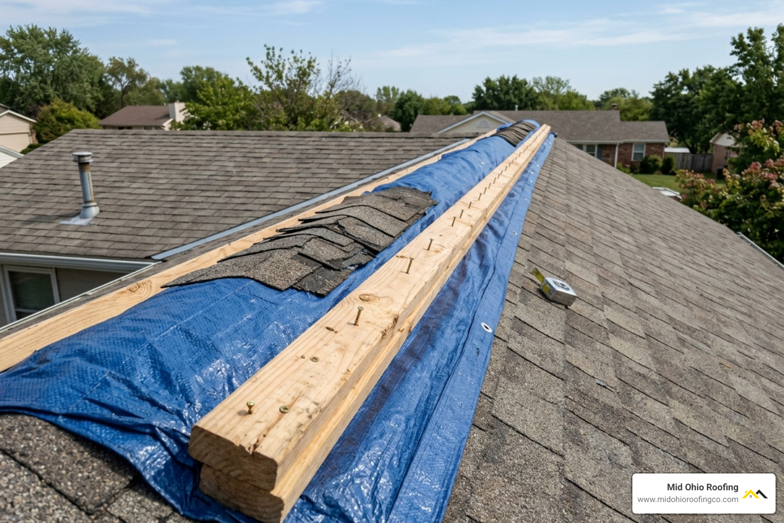 The 2x4 sandwich anchoring method on a roof ridge - emergency roof tarp The 2x4 sandwich anchoring method on a roof ridge - emergency roof tarp