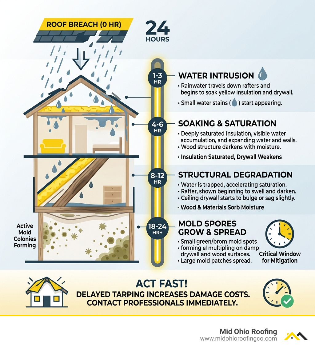 Infographic showing 24-hour timeline of secondary water damage and mold growth after roof breach - emergency roof tarp Infographic showing 24-hour timeline of secondary water damage and mold growth after roof breach - emergency roof tarp