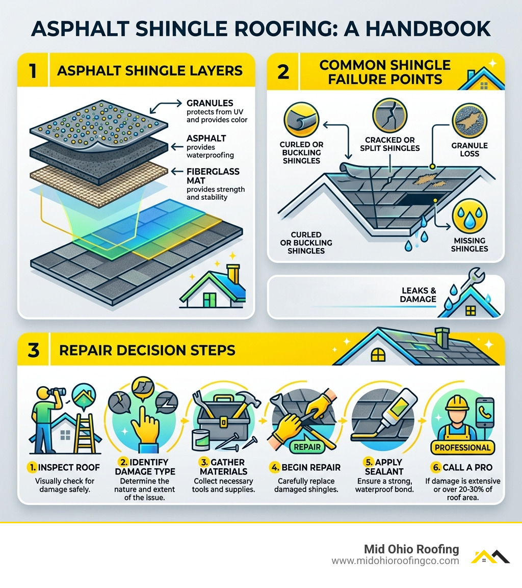 Infographic showing asphalt shingle layers, common failure points, and repair decision steps - asphalt shingle repair Infographic showing asphalt shingle layers, common failure points, and repair decision steps - asphalt shingle repair