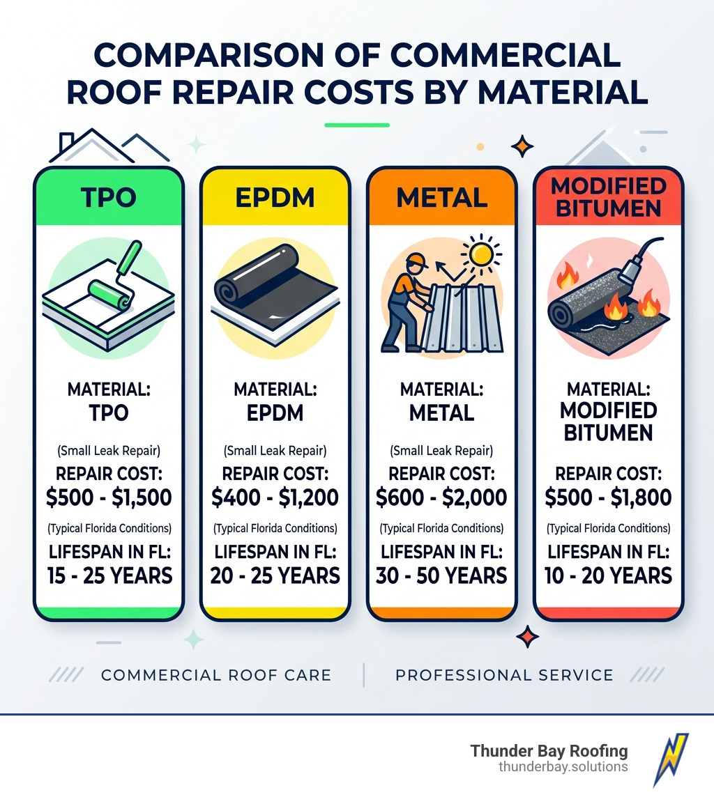 Comparison of commercial roof repair costs by material - commercial roof leak repair Wesley Chapel infographic 
