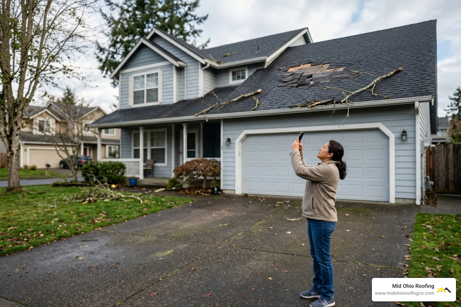 Homeowner documenting roof damage from a safe distance - Emergency roofing services near me