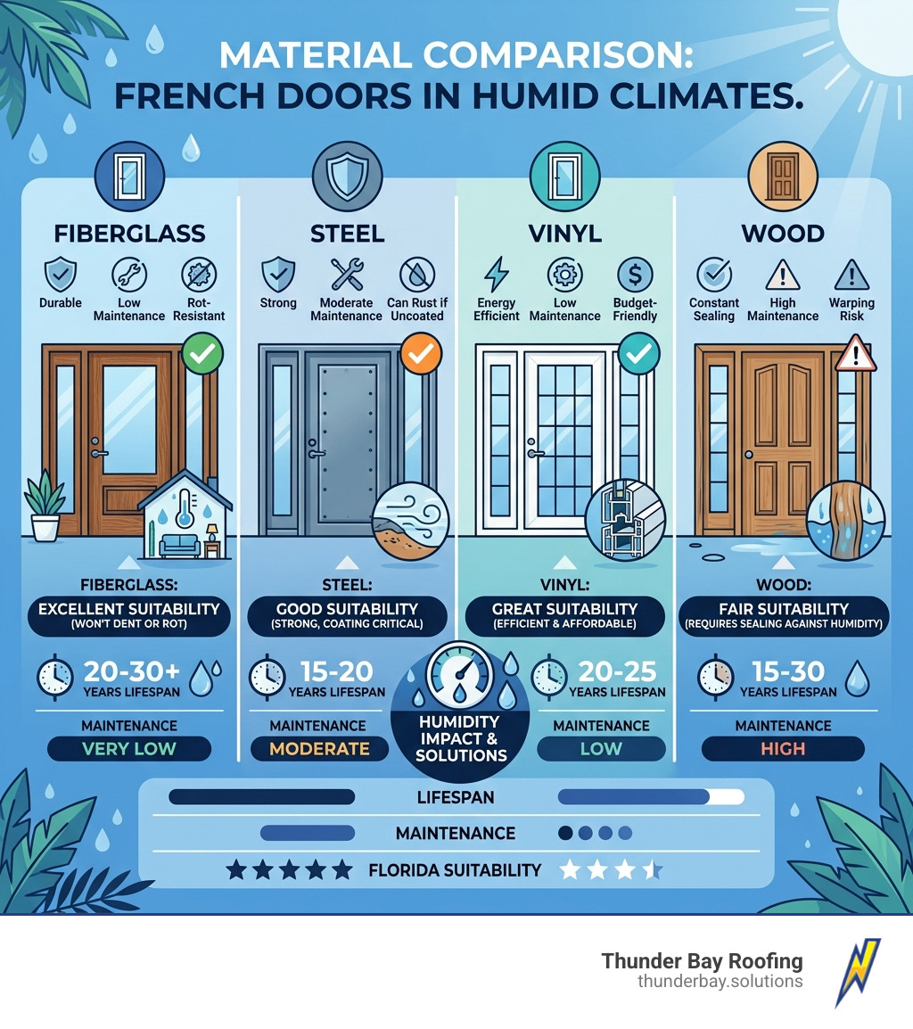 Material comparison for French doors in humid climates - french door with side windows infographic Material comparison for French doors in humid climates - french door with side windows infographic