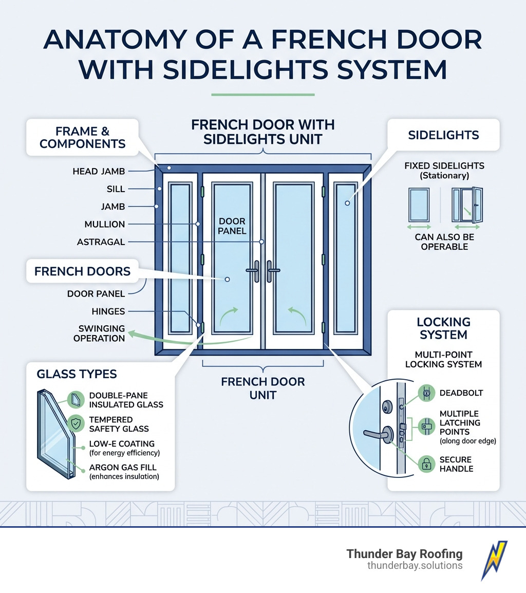 Anatomy of a French door with sidelights system including frame, sidelights, glass types, and locking - french door with Anatomy of a French door with sidelights system including frame, sidelights, glass types, and locking - french door with
