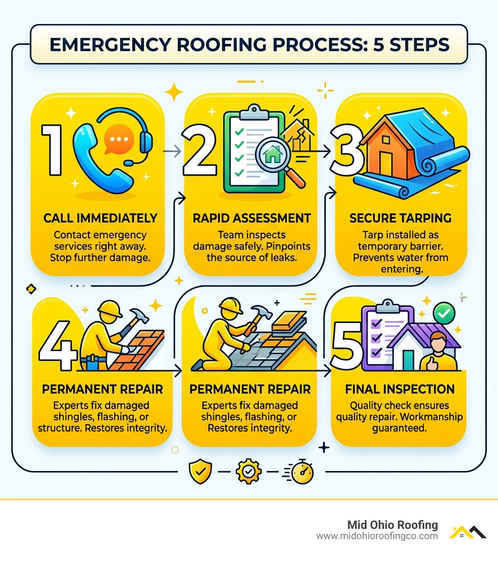 5-step emergency roofing process: Call, Assess, Tarp, Repair, Inspect - Emergency roofing services near me infographic 