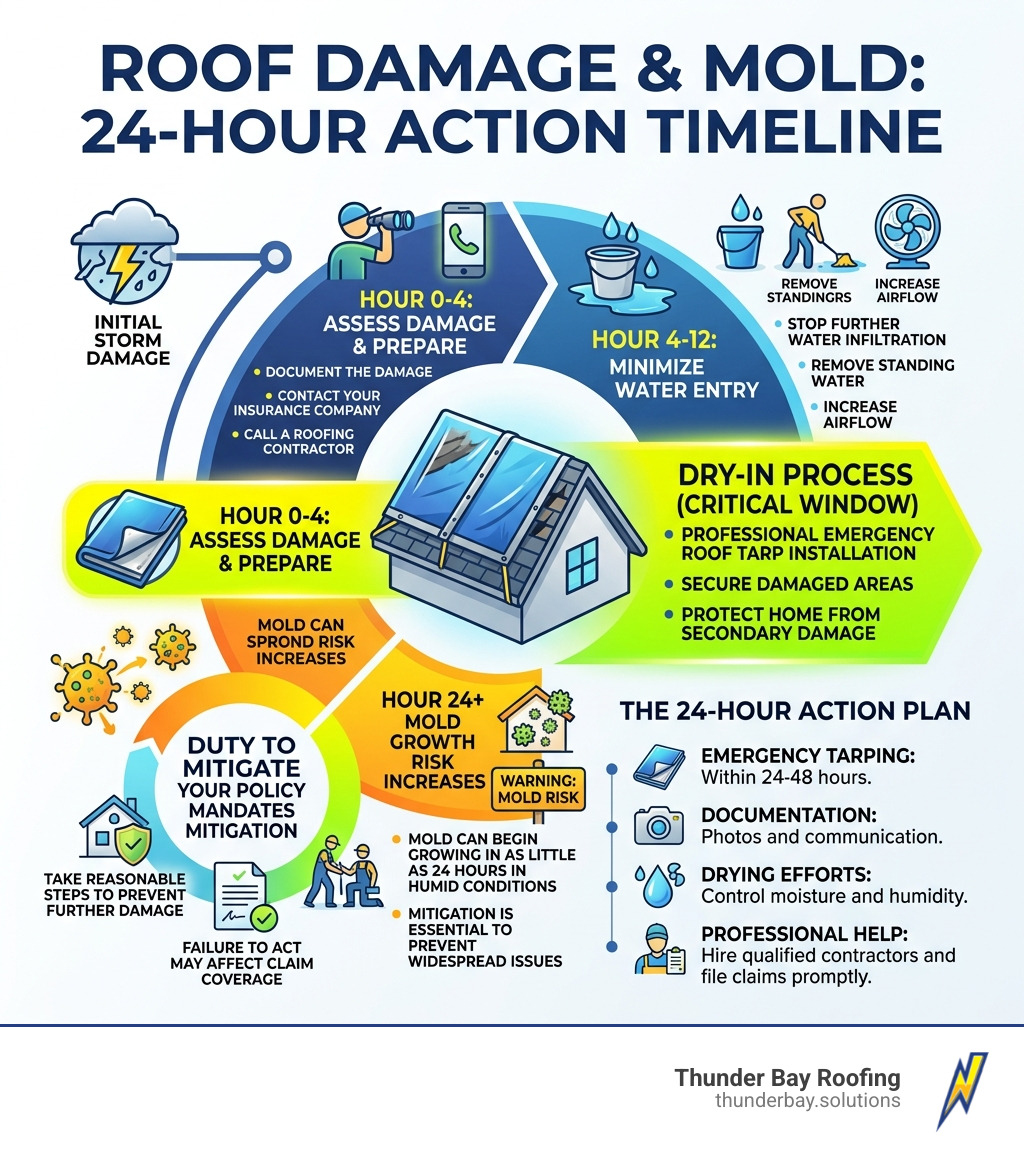 24-hour mold growth cycle and duty to mitigate timeline after roof damage - emergency roof tarp infographic 24-hour mold growth cycle and duty to mitigate timeline after roof damage - emergency roof tarp infographic