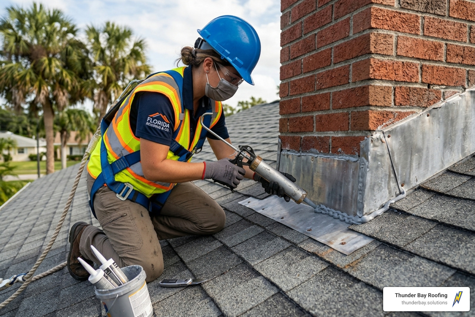 technician sealing roof flashing with polyurethane sealant - residential roof maintenance technician sealing roof flashing with polyurethane sealant - residential roof maintenance