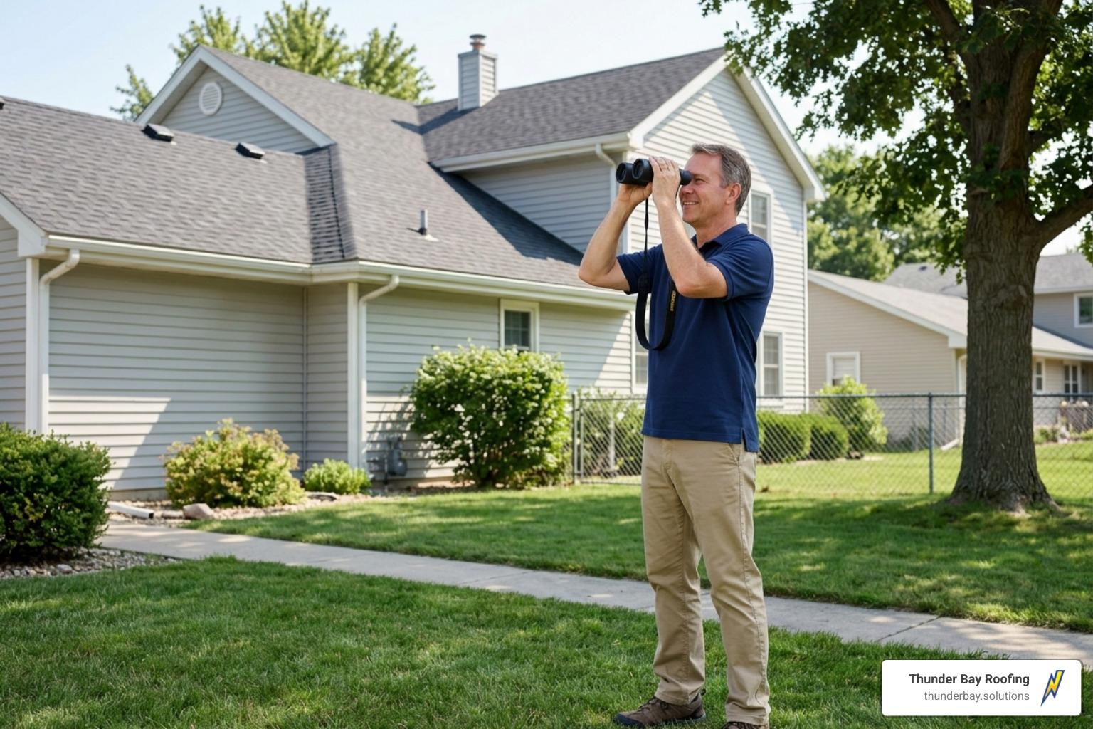 homeowner using binoculars for ground-level roof inspection - residential roof maintenance homeowner using binoculars for ground-level roof inspection - residential roof maintenance