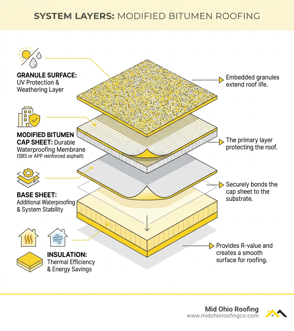 Layers of a modified bitumen roofing system: insulation, base sheet, cap sheet, and granule surface - modified bitumen Layers of a modified bitumen roofing system: insulation, base sheet, cap sheet, and granule surface - modified bitumen