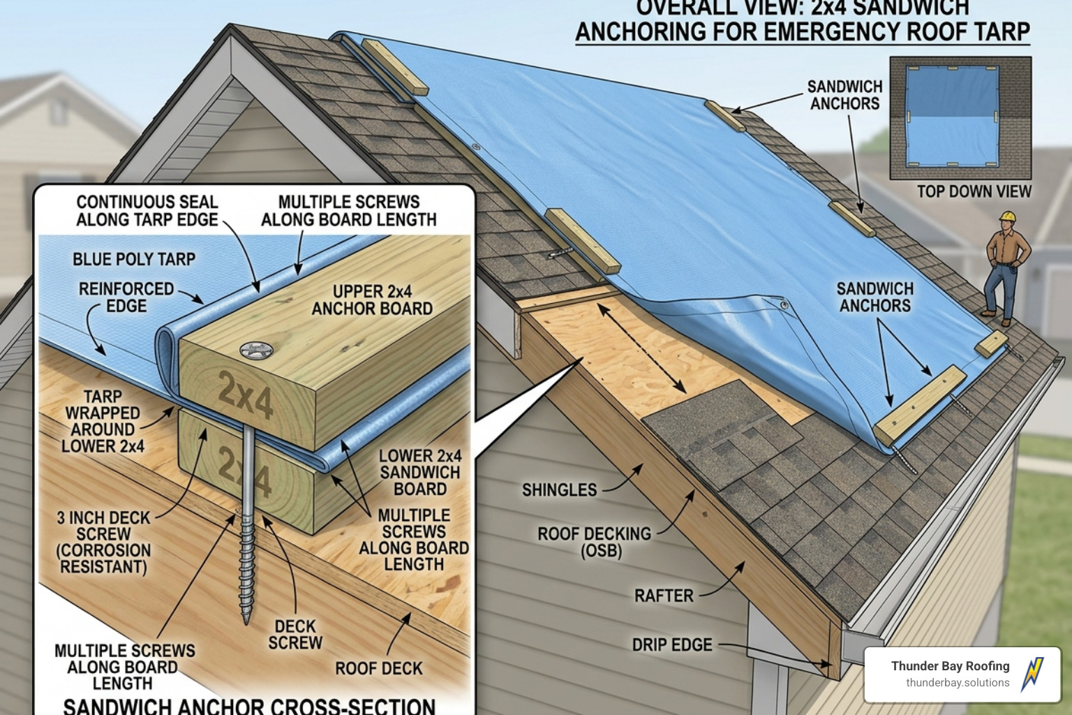 diagram showing the 2x4 sandwich anchoring method for roof tarps - emergency roof tarp diagram showing the 2x4 sandwich anchoring method for roof tarps - emergency roof tarp