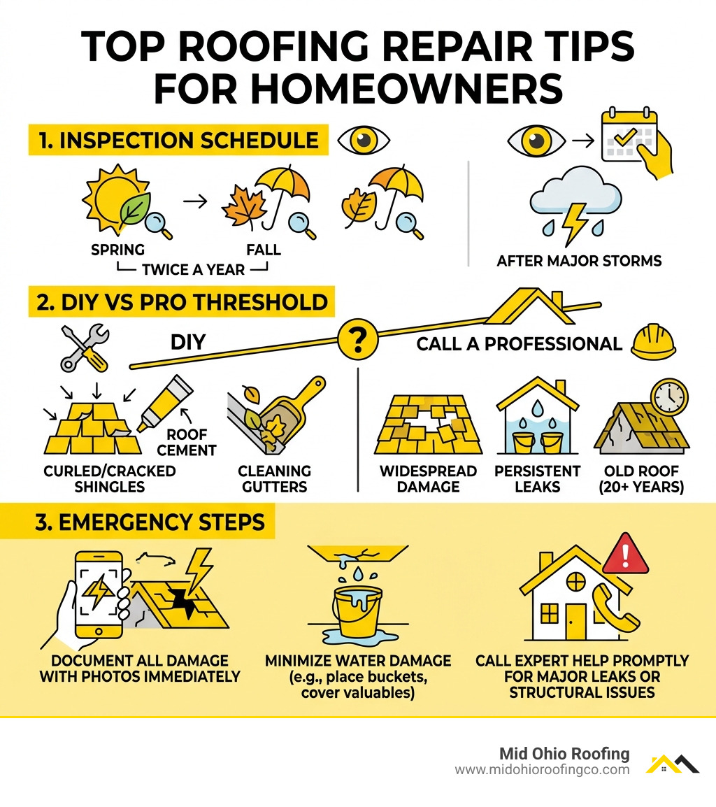 Infographic showing top roofing repair tips including inspection schedule, DIY vs pro threshold, and emergency steps Infographic showing top roofing repair tips including inspection schedule, DIY vs pro threshold, and emergency steps